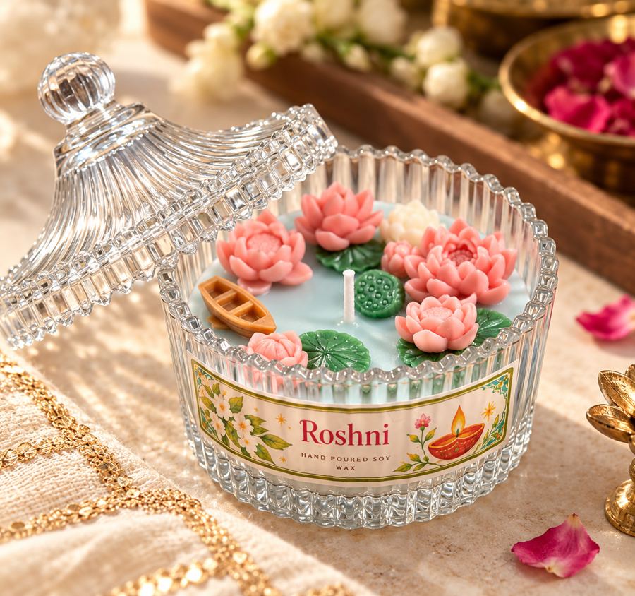 Roshni lotus pond candle in a ribbed crystal jar